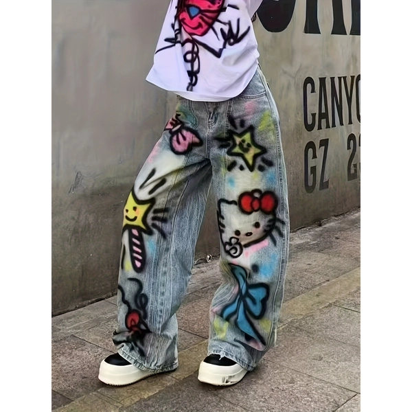 Plus Size, 1pc American Style Dopamine Cartoon Graffiti Print Women's Oversized Hot Design Spray Paint Scimitar Pants, Statement Pants, Casual Wear, Graffiti Design, Artistic Print, Comfortable Fabric, Soft Texture, Wideleg Trousers, Stylish Bottoms