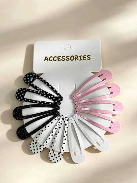 12PCS Solid Color Polka Dot Series Y2K Sweet Cute Style BB Hair Clips Bangs Hair Clips, Suitable For Outings, Spring Outings, Street, Parties, Photography, Versatile Hair Accessories For Girls