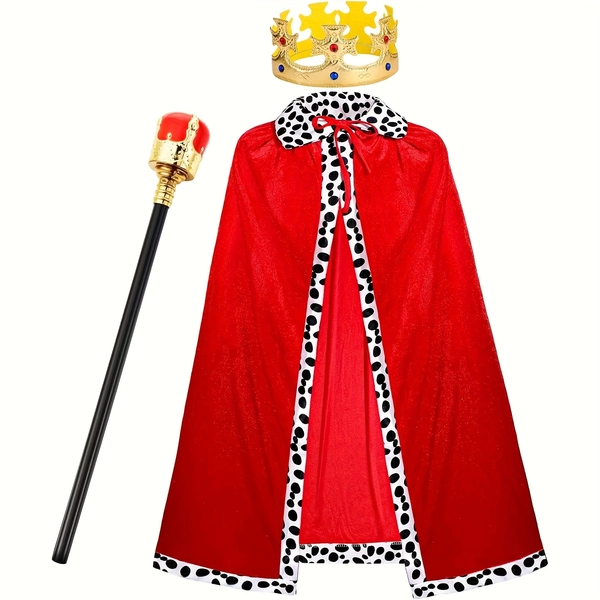 3pcs King'S Costume Party Set, Includes King Cloak Prince Crown Prince Scepter for Birthday Party Role Play Stage Performance Halloween Costume