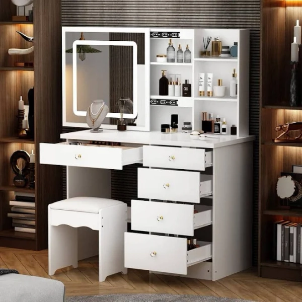 FUFU&GAGA 5-Drawers White Wood LED Push- Pull Mirror Makeup Vanity Sets Dressing Table Sets