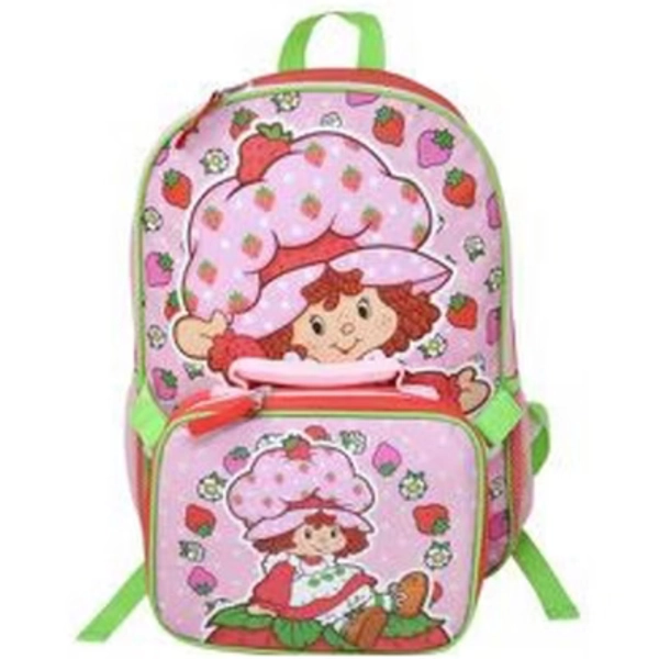 Pink Strawberry Shortcake 16" Shoulder Backpack for School with Rectangular Lunch Bag, For Girls