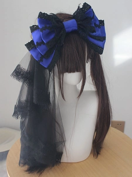[£10.43]Gothic Blue Satin & Black Lace Lolita KC with Veil