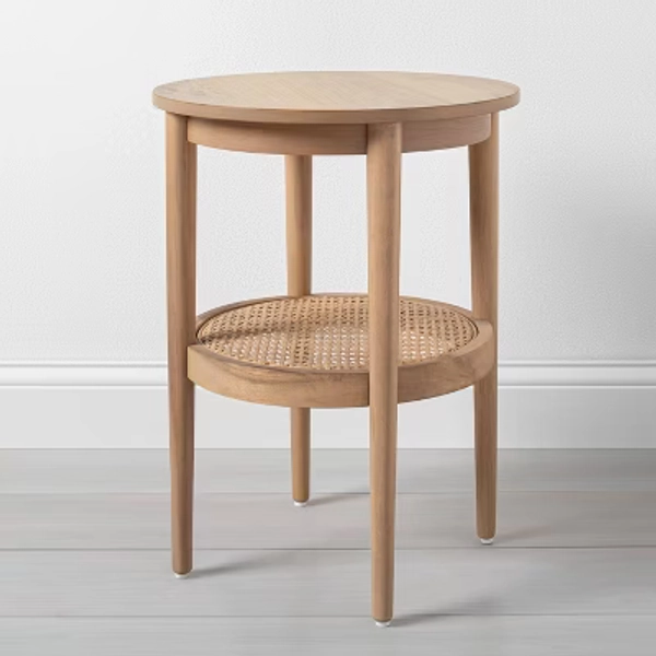 Wood & Cane Round Accent Side Table - Farmhouse Style, Tapered Legs, Stained Finish, 18"x18"x23", 50lb Capacity