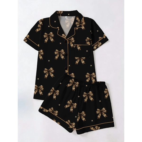 Two-Piece Outfit for Teenage And Teenager, Featuring a Spring And Summer Button-Up Shirt with a Lapel Collar, Short Sleeves, And Matching Shorts. This Korean Retro Style Includes a Black Leopard Bow Print, For Teenager