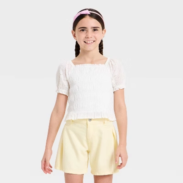 Girls' Short Sleeve Eyelet Smocked Top - Cat & Jack™ Cream S