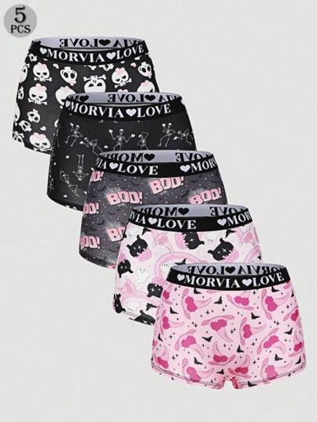 Dircho 5pcs Women Gothic Halloween Pink Carttons Gothic Letters & Spider Web All Over Print Contrast Binding Boyshorts, Comfy & Sofy Elastice Waist Intimates Panties, Women's Lingeries & Underwear