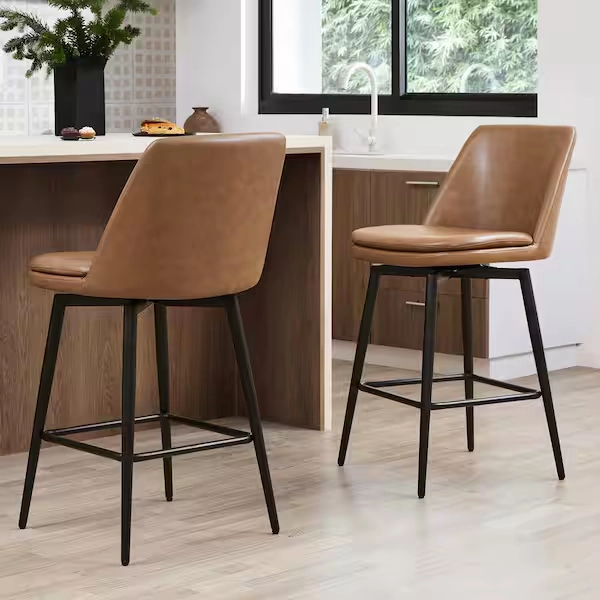 Spruce & Spring Cecily 27 in. Saddle Brown High Back Metal Swivel Counter Stool with Faux Leather Seat (Set of 2) SSY2006-PU6030