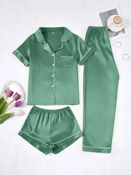 3 PiecesWomen's Contrast Color Trim Solid Color Faux-Silk Pajama Set