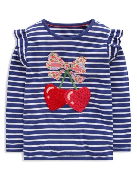 Boden Blue Frill Sleeve Appliqué T-Shirt Girls Kids