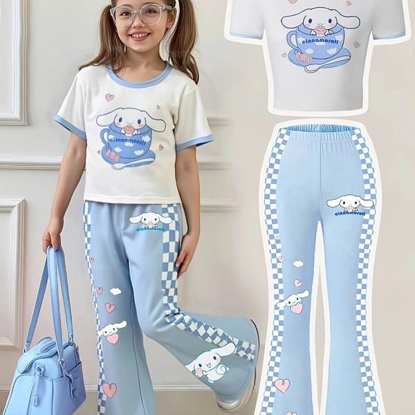Sanrio for cinnamoroll Girls Short-sleeved Trousers Set, for Cinnamoroll Short-sleeved Flared Trousers Set for cinnamoroll Cartoon Pattern Set, for Outdoor