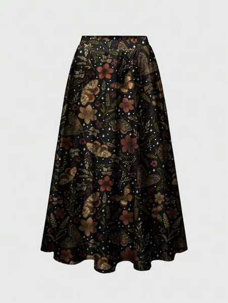 Fairycore Spring/Summer Beach Vacation Flower Black Dark Floral Bohemian Romantic Gothic Print Loose Fit Plus Size Skirt