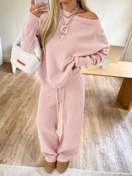 CovetEZ Pink Asymmetric Collar Long Sleeve Top And Drawstring Waist Long Pants Casual Knit Suit