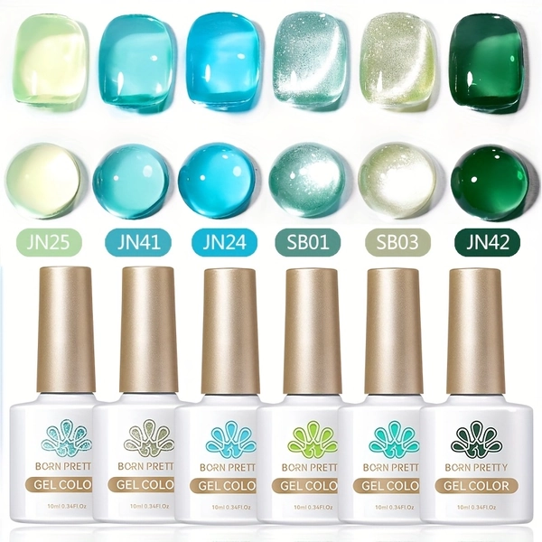 BORN PRETTY 6pcs 0.34oz Mint Green Color Water Light Cat Magnetic Gel Polish Set Kits Translucent Jelly Blue Soak Off LED Gel Nails Varnish