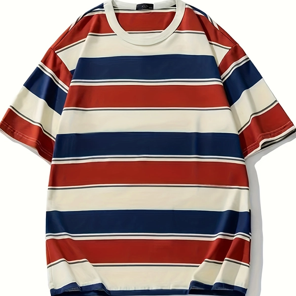 Men'S Plus Size Striped T-Shirt - Casual & Comfy, Crew Neck, Short Sleeve, Summer Streetwear