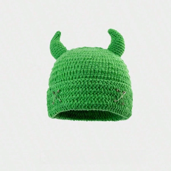 Devil Horns Handmade Quirky Knitted Hat Creative Fun Women's Autumn Winter Unique Pin Cold Hat Hip Hop Melon Skin Knitted Hat Unisex Couple Style Warm Hat Suitable For Couples Party Daily Wear
