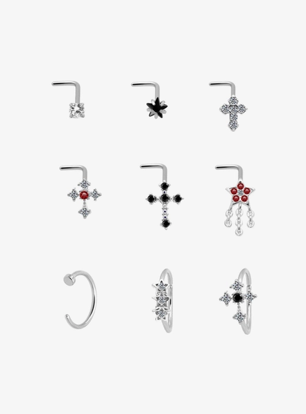 Steel Cross Star Nose Stud & Hoop 9 Pack