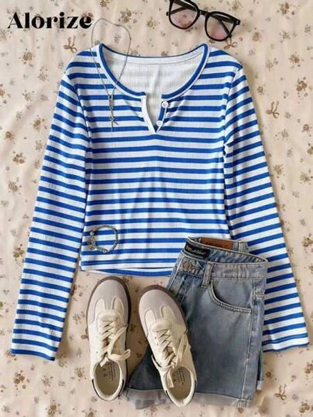 Girls' Casual Striped V-Neck Long Sleeve T-Shirt, Versatile For Walking, Shopping, Work, School, Travel, Can Be Paired With Jackets, Vests, Pants, Sweatpants