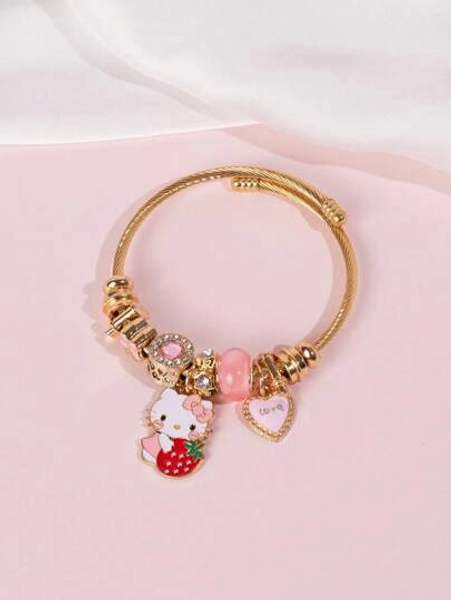  Sanrio Hello Kitty Bracelet,1pc Cute Strawberry Hello Kitty Pendant Golden Bracelet,Suitable For Woman Daily Wear