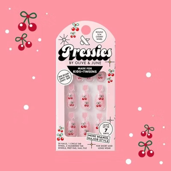 Olive & June Pressies Fake Nails - S/M Round - Cherry Whirl - 28ct