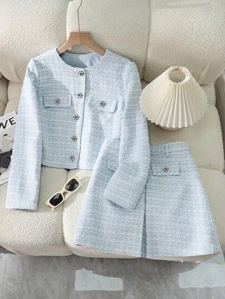2pcs/Set Tweed Cropped Jacket And Mini Skirt, Faux Pocket Front Button Closure, Elegant