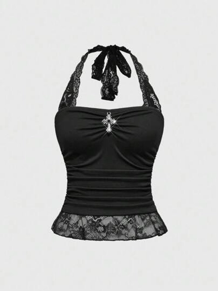 ROMWE Goth Gothic Y2K Sexy Contrast Lace Halter Crop Top With Cross Decor And Ruched Waist, Halloween