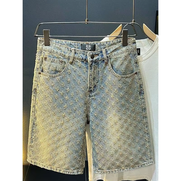 2025 Summer New American men's fashion ripped denim shorts, loose straight-leg casual mid-parted denim shorts - AliExpress 200000343