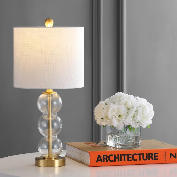 JONATHAN  Y February Glass/Metal Contemporary 21-in Clear/Brass Gold LED Rotary socket Table Lamp with Linen Shade