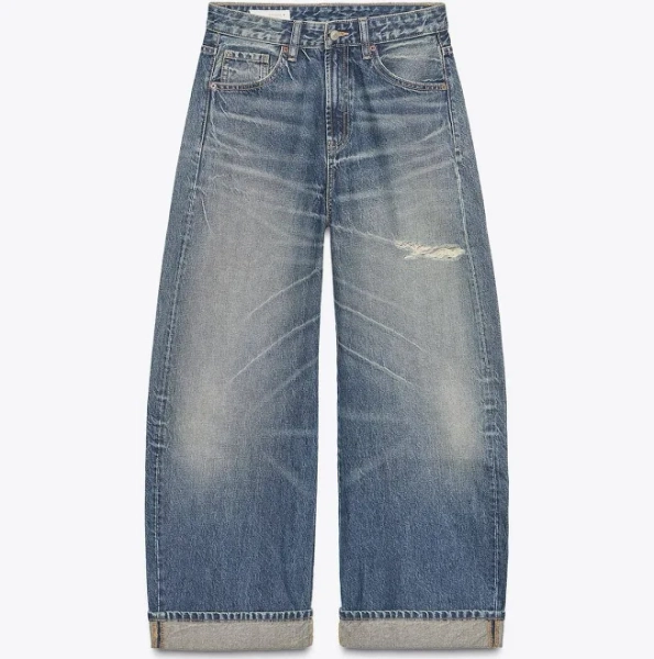 Zara Women's Trf Mid-Rise Ripped Baggy Folded Jeans