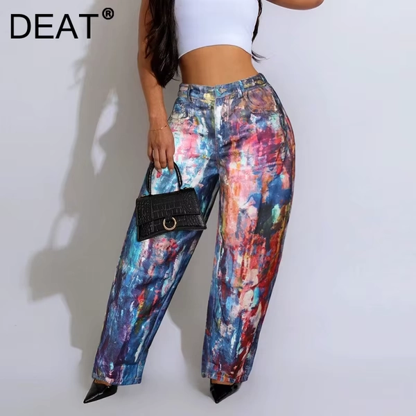 DEAT Fashion 3D Printed Wide Leg Curved Jeans Women's High Waist Loose Blue Streetwear Denim Pants New Tide Summer New 7AB9379 - AliExpress 200000345