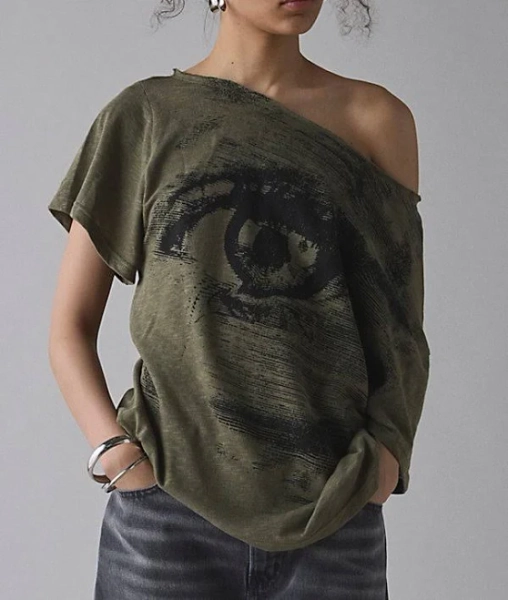 BDG Courtney Eye Graphic Off-The-Shoulder Oversized Cotton Tee