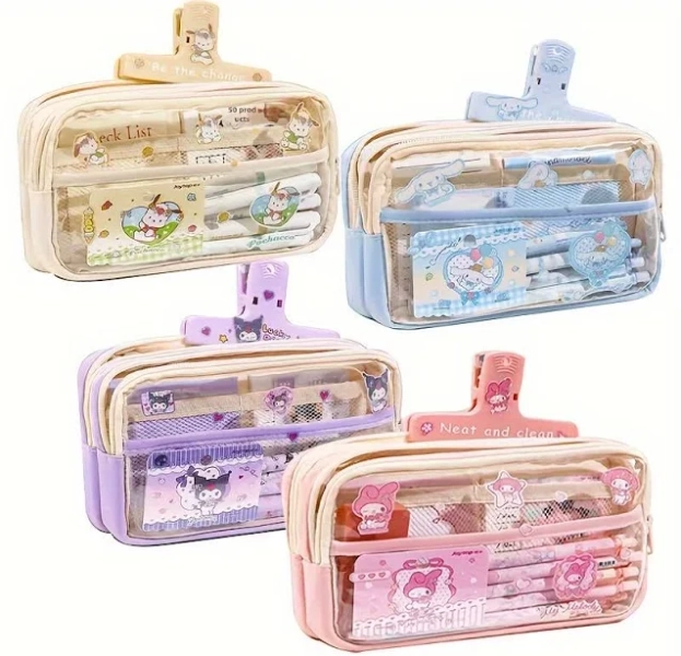 Cute school supplies, Cinnamon roll stuff Characters School & Office Organizer - Large Capacity Pastel pencil case with stationery, Transparent Front