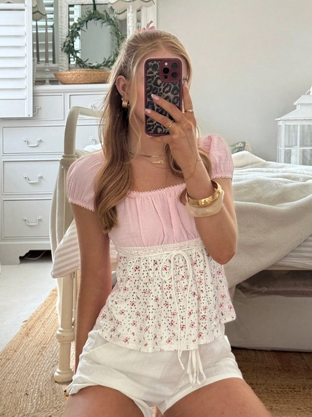 CovetEZ Women's Ditsy Floral Square Neck Short Sleeve Tie Front Casual T-Shirt Smocked Top Milkmaid Top Pink Babydoll Top Cute Summer Outfits Women Summer Outfits Womens Trending Outfit Girly Outfits Women,Pink Top