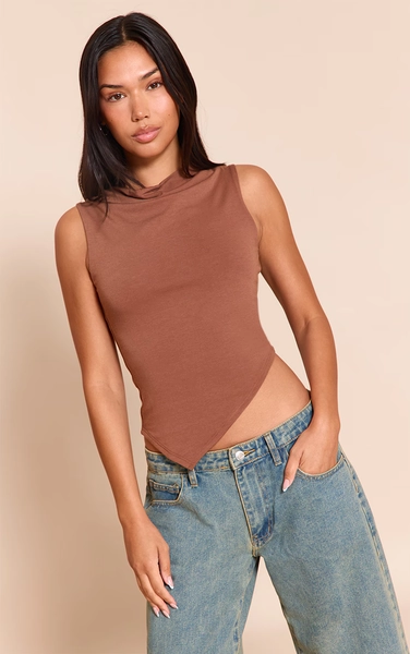 Chocolate Contour Jersey Asymmetric Boat Neck Top