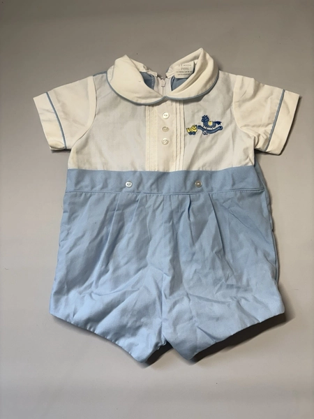 1980s Baby Boy Romper 3-6 Months Blue Rocking Horse Duck Embroidered Vintage