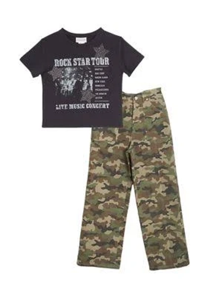 Tween Diva Girls Rockstar Graphic T-Shirt and Camo Pants Set