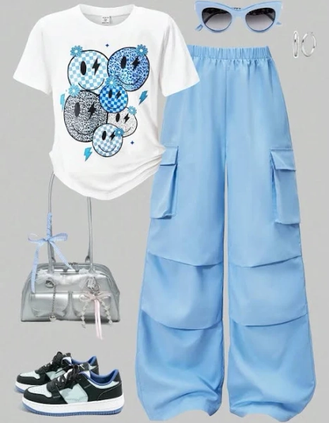 SHEIN Teen Girls Letter Print Round Neck T-Shirt and Cargo Pants