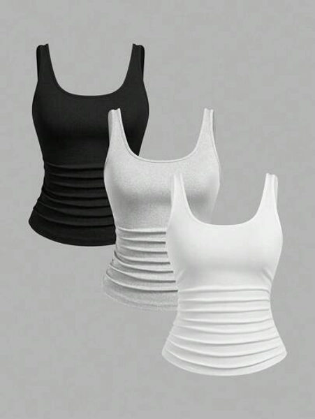 Slaydiva Multipack 3-Pack Basic Camisole, Women's Narrow Ribbed U-Neck G Racerback Tank Top, Black, White And Gray, Casual 3 Pack Basic Ribbed 3 Pack Tank Tops Ribbed Tank Tops Basic Tank Tops