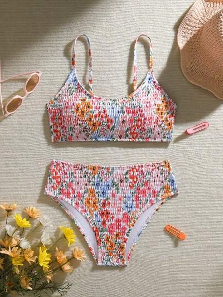 SHEIN Teen Girl Floral Print Bikini Set, Holiday Style, Random Print