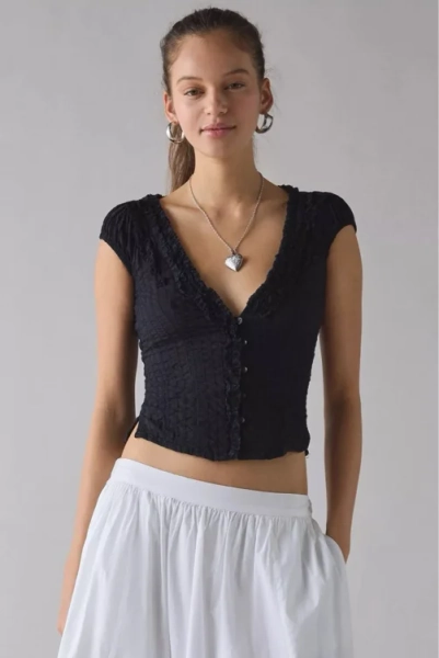 Kimchi Blue Ria Ruffle Cotton Gauze Button-Front Blouse