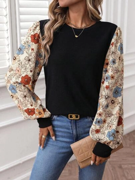 SHEIN LUNE Women Casual Floral Pattern Color-Block Basic Pullover Top, Suitable For Autumn/Winter Everyday Wear Winter Tops Women Blouse Basic Tops Crop Tops