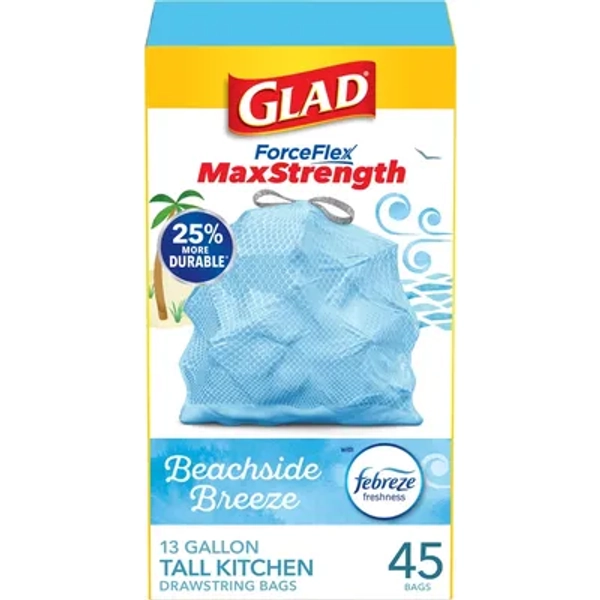 Glad ForceFlex MaxStrength Tall Kitchen Drawstring Trash Bags - Febreze Beachside Breeze - 13gal /45ct