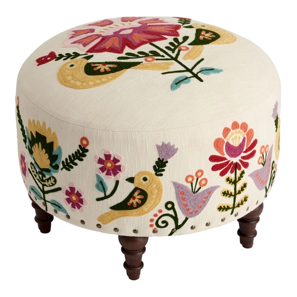 Bloomfield Ivory Cotton Embroidered Floral Turned Leg Ottoman