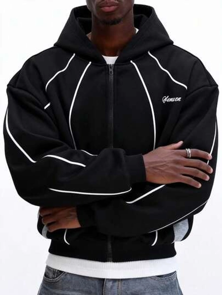 SUMWON Full Zip Hoodie With Contrast Piping And Embroidered Logo For Casual Streetwear - Size M