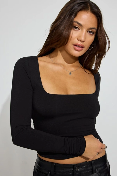 jet black Smooth Open Neck Long Sleeve Tee