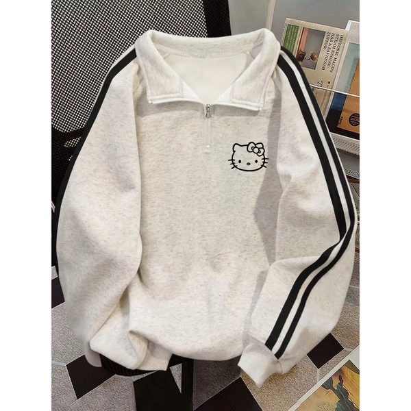 Sanrio American Vintage New Hello Kitty Print Long Sleeve Stand Collar Zip-Up Sweatshirt, Color Block Design Unisex Loose Fit High Street Fashion Sweatshirt Top for Autumn and Winter, High Street Fashion Piece, Casual Streetwear Top, Color Block