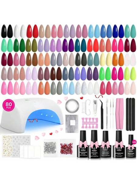 Beetles Gel Nail Polish Kit With U V Light 80Pcs Color Enchantment 55 Colors Gel Polish Starter Kit With Base Top Coat Nail Art Stickers Manicure Tools Gift For Women