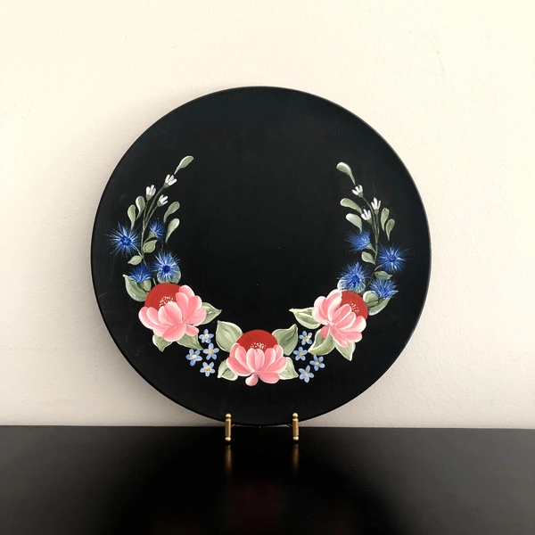 Vintage Hand Painted Floral Wooden Plate: Folk Art Decor