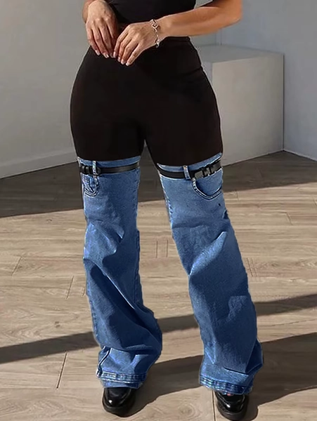 Women’s Trendy High Waist Patchwork Pants Black Bodycon Shorts Top with Blue Jean Bell Bottom Overlay and Punk-Inspired - AliExpress 200000345
