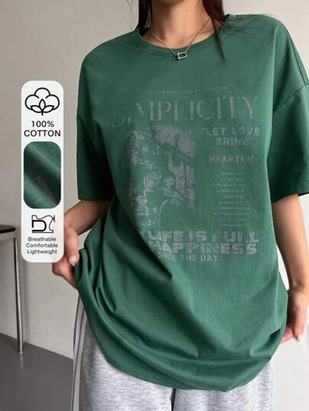 DAZY Women's Summer Loose Fit Slogan Print T-Shirt With Round Neckline And Dropped Shoulders Graphic Tee Oversized T-Shirt
