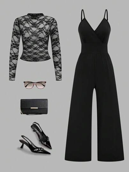 Rometta Plus Size Women Lace Long Sleeve Top And Suspender Jumpsuit Set, Elegant Sheer Sexy European & American Style